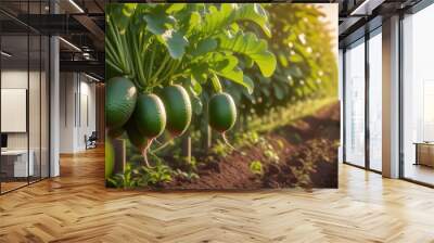 Morning glow on a basket of full bloom radishes in an organic farm, enhanced by generative AI artistry Wall mural