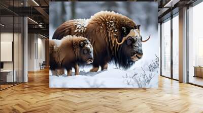 Musk Ox and Calf Amidst a Winter Wonderland Wall mural