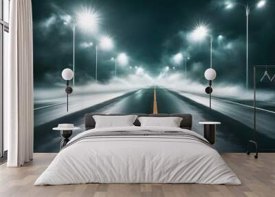 Mysterious night street lined with glowing streetlights leading into the unknown Wall mural