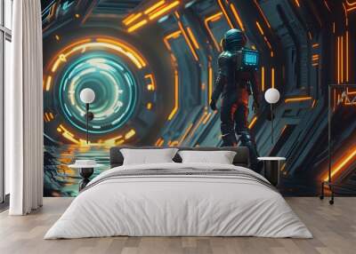 Mysterious Time Traveler Steps Through Luminous Portal Machine in Captivating Sci-Fi Scene Wall mural