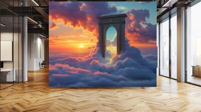 Mystical doorway amidst clouds at sunset beckons exploration into realms of wonder and imagination Wall mural