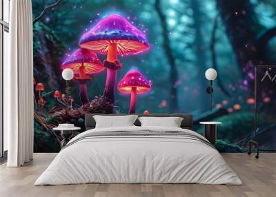 Mystical neon mushrooms illuminating an enchanted forest, creating a surreal fantasy landscape filled with magical flora and whimsical ambiance Wall mural