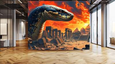 Mythical serpent rising from ancient Egyptian ruins against a blazing sky, showcasing an epic scene of chaos and destruction. Wall mural