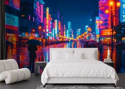 Neon-lit cityscape at night with reflections on wet streets and a figure holding an umbrella amidst the vibrant glow. Wall mural