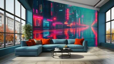 Neon-lit futuristic cityscape with a reflective street, exuding an atmosphere of mystery and intrigue. Wall mural