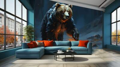 Noble bear with gleaming eyes guiding lost travelers through the night, clutching a fire stick as a beacon of hope Wall mural