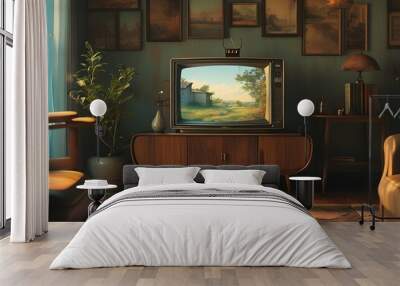 Nostalgic ambiance of a cozy retro living room with a vintage TV glowing static in warm, dim light Wall mural