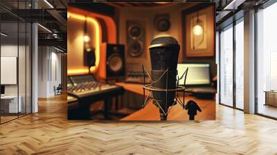 Nostalgic Studio Recording Microphone in Retro Radio Station with Warm Ambient Lighting Perfect for Music and Podcast Themes Wall mural