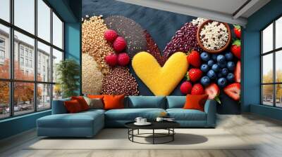 Nourishing heart health with vibrant superfoods and wholesome grains in an artistic AI-generated portrayal Wall mural