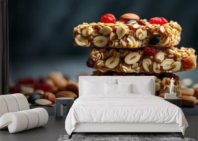 Nut and seed-filled granola bar with dried fruits emphasized against a dark backdrop Wall mural