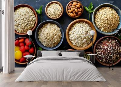 Nutritious display of whole grains including brown rice, quinoa, oats, and barley showcasing healthy eating and vibrant lifestyle choices Wall mural