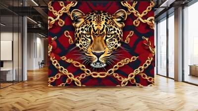 Opulent Fashion Scene Featuring Gold Chains and Leopard Print Against Rich Deep Red Background Wall mural