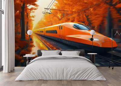 orange futuristic train speeding through a modern skyline Wall mural