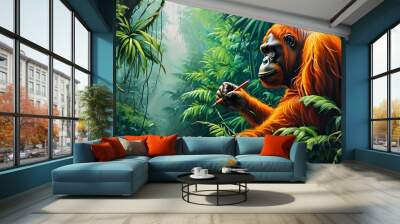 Orangutan Artisan Creating Vibrant Murals in Lush Rainforest Habitat Wall mural