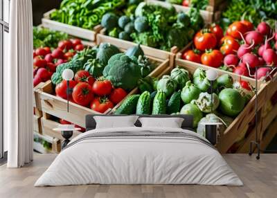 Organic vegetables beautifully arranged in wooden crates within a delivery van, highlighting freshness and readiness for market or delivery. Wall mural