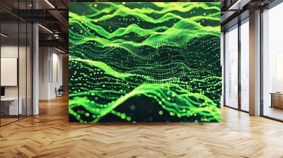 Panoramic Abstract Tech Landscape with Undulating Green Lines and Dots Representing a Digital Cyber Environment Wall mural