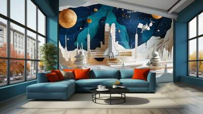 Panoramic paper cut design showcasing a space station adorned with layered spacecraft, intricate star maps, and advanced futuristic technology Wall mural