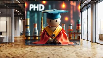 PHD concept illustration featuring PHD sign with graduates celebrating in the background Wall mural