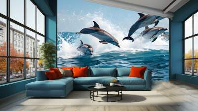 playful acrobatics of dolphins leaping from the vibrant blue ocean under a bright sky, creating joyful splashes and a lively marine spectacle Wall mural