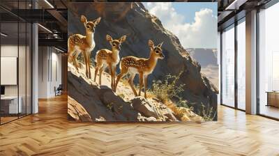 Playful baby gazelles exploring a rocky hillside in a serene desert landscape Wall mural