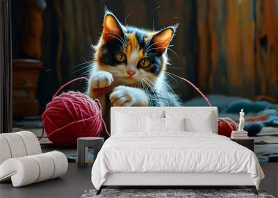 playful calico cat tangled in colorful yarn balls Wall mural