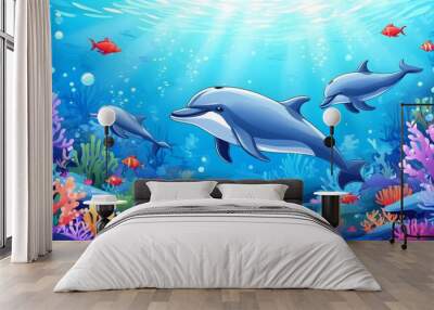 Playful cartoon dolphins swimming through vibrant corals and bubbles in a lively underwater scene Wall mural