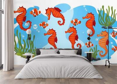 Playful cartoon illustration of a seahorse gracefully swimming underwater against a clean white backdrop Wall mural