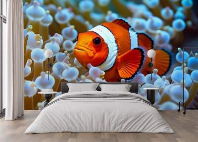 Playful Clownfish Hiding Amid Colorful Anemones on Pristine White Background Wall mural