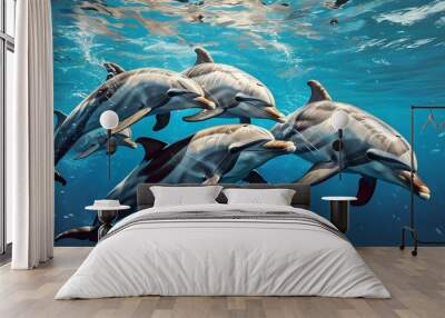 Playful dolphins exploring the vibrant waters of a protected marine reserve Wall mural