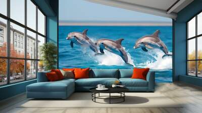 Playful dolphins leaping joyfully from vibrant blue ocean under sunny sky with clear horizon in background Wall mural