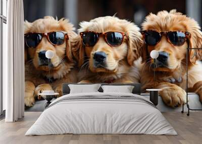 Playful golden retriever puppies sporting cool sunglasses Wall mural