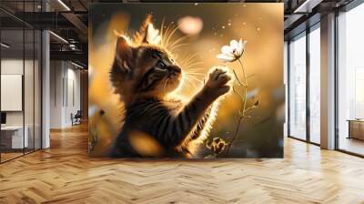 Playful kitten chasing a flower in a sunlit field, captured in a whimsical summer moment with a blurred background perfect for banners and posters Wall mural