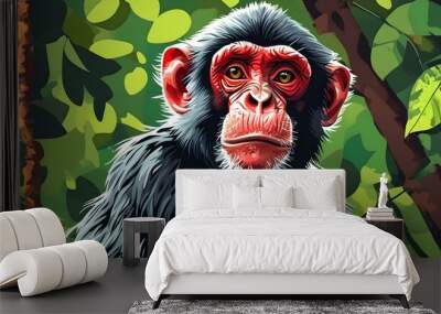 Playful monkey swinging through lush green foliage Wall mural