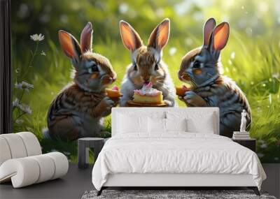 Playful scene of baby bunnies delightfully enjoying cake on a sunny grassy field Wall mural