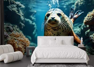 Playful seal entertaining an audience at an underwater coral reef comedy club with its humor and antics Wall mural