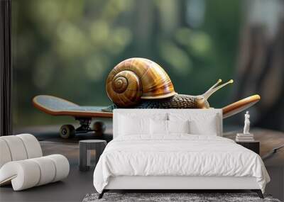 Playful snail on skateboard represents swift transport, blending humor with innovation in efficiency and speed. Wall mural