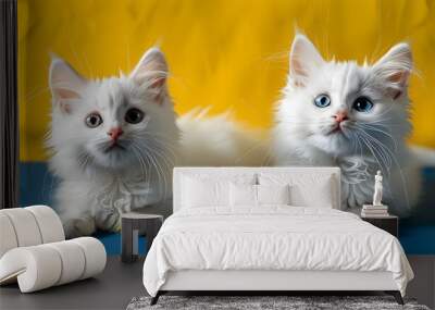 Playful white cats on a vibrant yellow and blue backdrop Wall mural