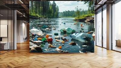 Polluted river strewn with plastic waste and litter amidst a picturesque forest setting Wall mural