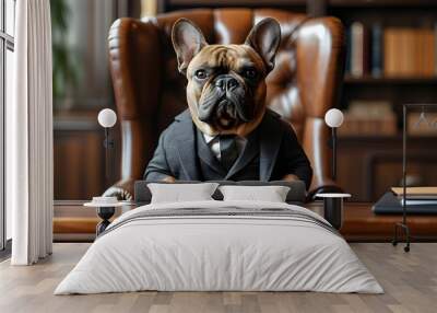 Professional French Bulldog in Suit at Desk, Exuding Seriousness in Stylish Office Setting Wall mural