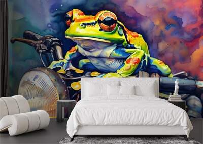 Psychedelic Watercolor Frog Riding a Motorcycle Wall mural