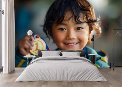 Radiant joy of a young Asian child proudly displaying a gleaming medal, encapsulating the essence of triumph and success in a single moment Wall mural