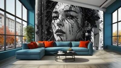 Raw Urban Aesthetic: Deconstructed Black and White Digital Artwork with Scratches, Paint Drips, and Glitch Elements Wall mural