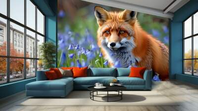 Red fox nestled among blooming bluebells in a vibrant spring landscape Wall mural