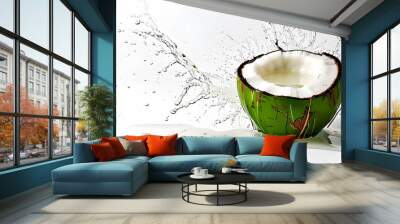 Refreshing coconut juice splashing with clear water on a pristine white background, showcasing the vibrant green coconut and lively aquatic motion Wall mural