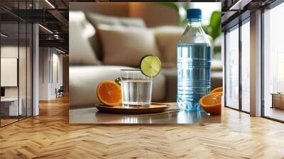 Refreshing glass of water and bottle on a cozy living room table promoting hydration and a healthy lifestyle Wall mural