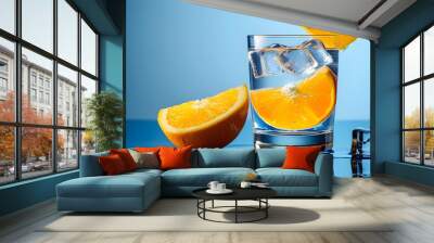 Refreshing glass of water garnished with orange slice and ice cubes resting on a blue reflective surface Wall mural