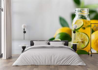 Refreshing lemon-lime juice in a glass bottle accompanied by fresh lemon and lime slices, showcased on a clean white background Wall mural