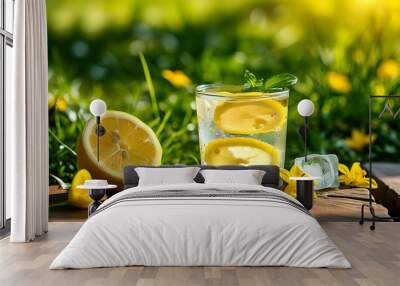 Refreshing lemonade in a glass with lemon slice and ice on wooden table, surrounded by green grass and yellow flowers, evoking the essence of summer freshness Wall mural