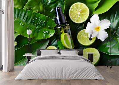 Refreshing skincare bottle featuring aloe and lime, embraced by lush green leaves, ideal for natural beauty and wellness aesthetics. Wall mural