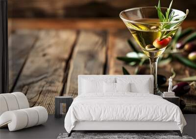 Refreshing summer martini with olives on rustic wooden table, perfect for trendy drink designs and banners Wall mural